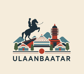Fototapeta premium Modern vector illustration of Ulaanbaatar with horse rider statue, temple, yurts and mountains. Cultural and historical travel destination in Mongolia