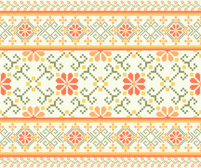 Geometric pixel art pattern. Abstract pixel art geometric ethnic pattern design for fabric, carpet, tile, rug, clothing, embroidery, needlepoint and background. Vector pixel art seamless motif ethnic 
