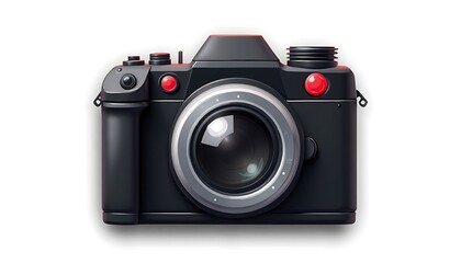 Isolated Retro Camera with Silver Lens and Red Accents on White