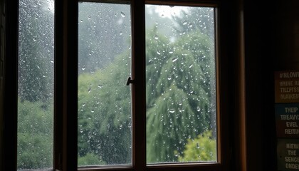 Fototapeta premium Rainy Day Scene: Window View with Raindrops and Green Trees in Background