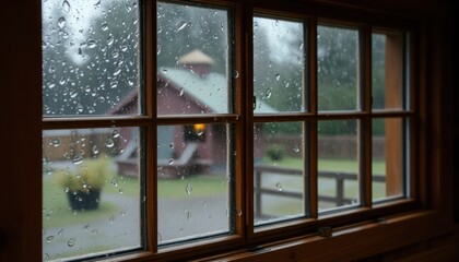 Rainy day view through a window with raindrops and blurred background