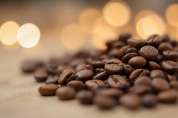 Obraz premium Close-up of roasted coffee beans with blurred warm bokeh lights in the background, creating a cozy and inviting coffee atmosphere.