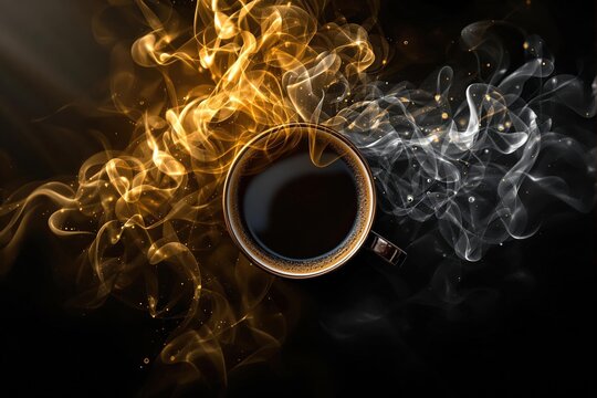Overhead view of a black coffee cup surrounded by contrasting golden and white smoke effects, creating a dramatic and energetic abstract image.