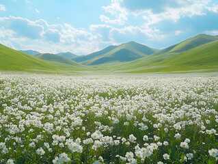 A vast field of white flowers stretches towards rolling green hills under a bright, cloudy sky.