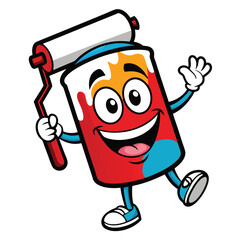Happy cartoon paint can character holding a paint roller and waving