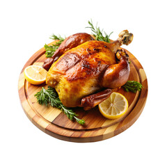 Roasted whole chicken on wooden plate with lemon slices and fresh rosemary garnish