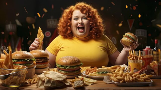 Overweight obese woman facing stress by eating fast food meals