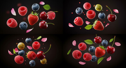 Assorted fresh berries with leaves and petals in dark background  
