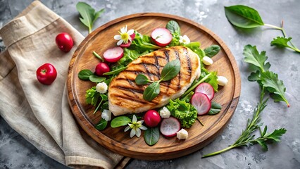 Delicious grilled chicken breast served with fresh greens radishes and edible flowers