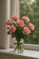 Soft pink roses arranged beautifully in a transparent glass vase