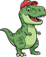 Fototapeta premium Cartoon dinosaur wears red hat and smiles widely. Prehistoric reptile, cheerful expression, fun animal illustration, cute character.