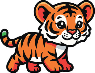 Cartoon tiger cub stands cheerfully. Cute animal, wildlife, mascot, playful, feline, cartoon.