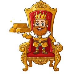 Cartoon King on a Golden Throne Holding Gold Bars - A vibrant and cheerful cartoon illustration depicting a happy.