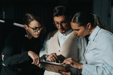 A group of business people intensely focused on a shared project using a tablet. The team showcases collaboration, concentration, and teamwork in a modern office environment.