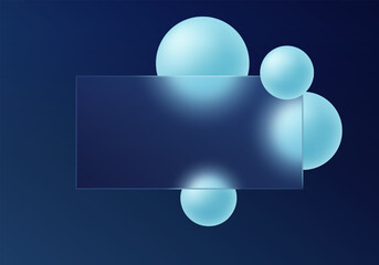 Dark glass morphism panel with light blue spheres on navy background.
