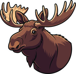 Cartoon moose head with antlers looks toward camera. Wildlife animal, mammal, mascot, nature, zoo, forest