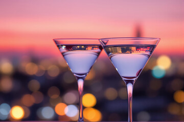 Two elegant martini glasses with clear liquid against a vibrant pink and orange sunset sky with blurred city lights, ideal for romance or celebration.