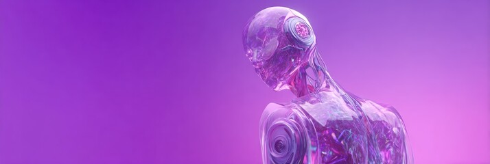 Photo of a sleek, futuristic android with a translucent body stands against a purple backdrop, representing the cutting edge of artificial intelligence and robotic technology