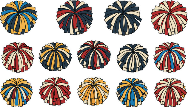 Colorful pom-poms are displayed in rows and columns. Cheerleading, spirit, support, team, performance