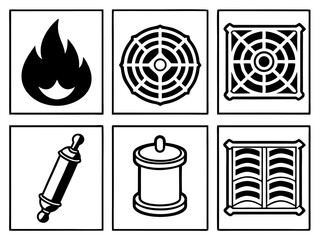 Collection of six black and white icons representing fire wheels and scrolls