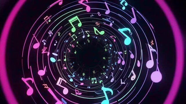 Music notes animation background loop for videos and visuals with colorful glowing musical symbols