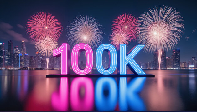 Glowing 100K Milestone Celebration – Neon Numbers Against Urban Skyline with Fireworks for Social Media Achievements, Digital Marketing, and Success Visualization