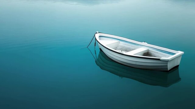 Pristine white boat drifting peacefully, mirroring glassy turquoise waters with smooth, tranquil reflection