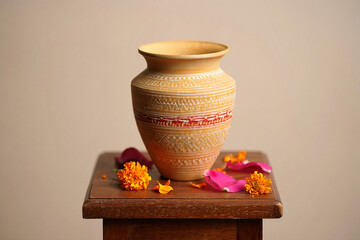 Decorative terracotta pot with marigold flowers and rose petals