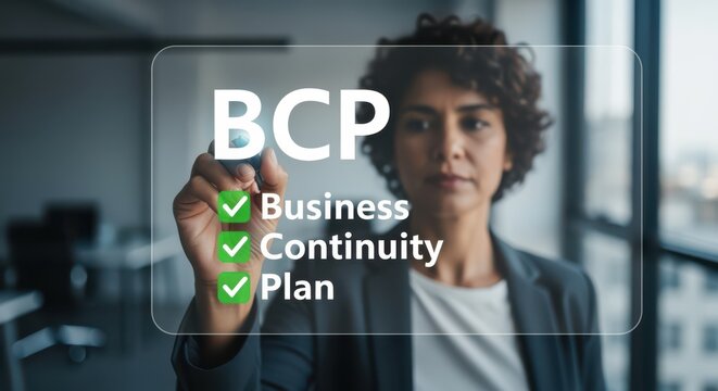 Businesswoman writing Business Continuity Plan BCP checklist on transparent digital screen in modern office environment.
