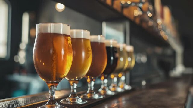 Golden, amber, dark ale glasses illuminating polished wooden bar counter, displaying craft brewery selection waiting for sampling
