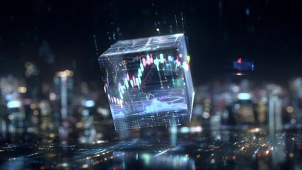 Futuristic Transparent Cube Displays Financial Data and Business Analytics Over a Modern Digital Cityscape - Powered by Adobe