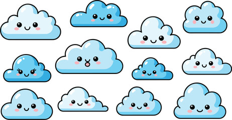 Fototapeta premium Clouds show various cute expressions. Weather icons, kawaii, sky, cartoon, climate