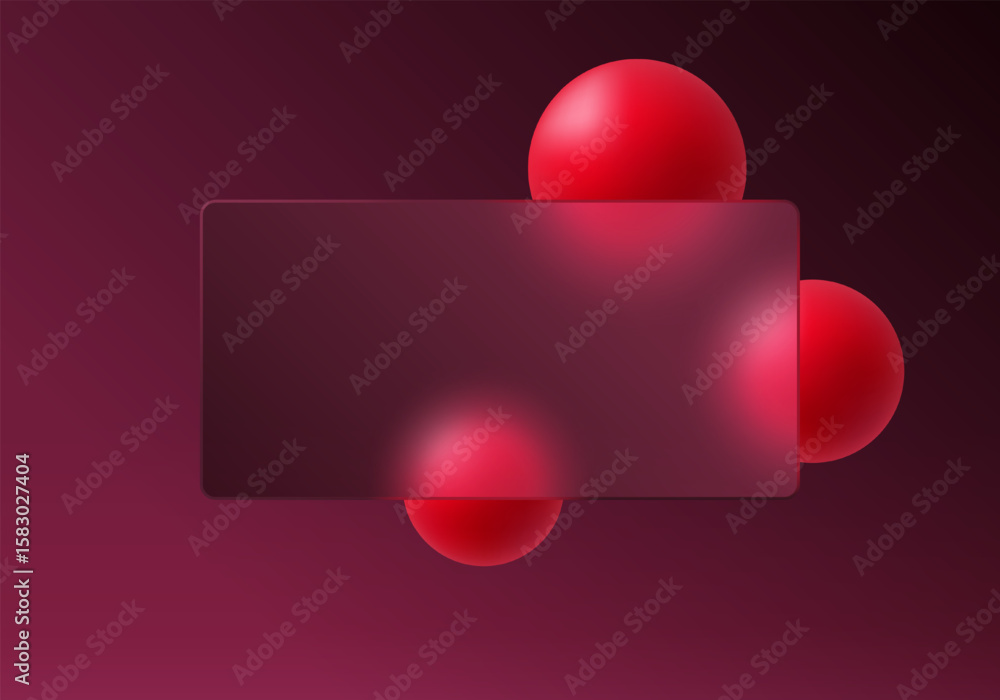 Poster glass morphism panel with ruby red glossy spheres.