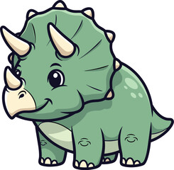 Cute cartoon triceratops dinosaur stands smiling. Prehistoric animal, paleontology, illustration, children's character.