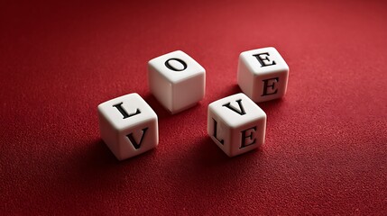 Romantic love cube letters on red background minimal flat lay for valentine's day concept