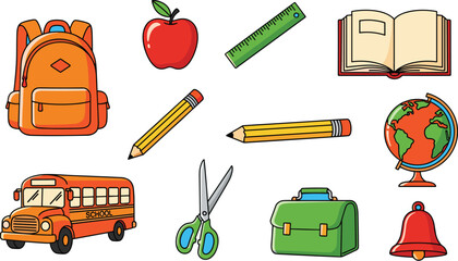 A collection of school supplies is displayed on a blue background. Back to school, education, learning, study, classroom, teaching, supplies, tools, stationery