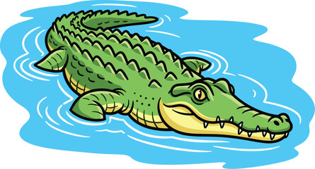 Cartoon alligator floats in the water, viewed from above. Reptile illustration, wildlife, animal, danger, predator.