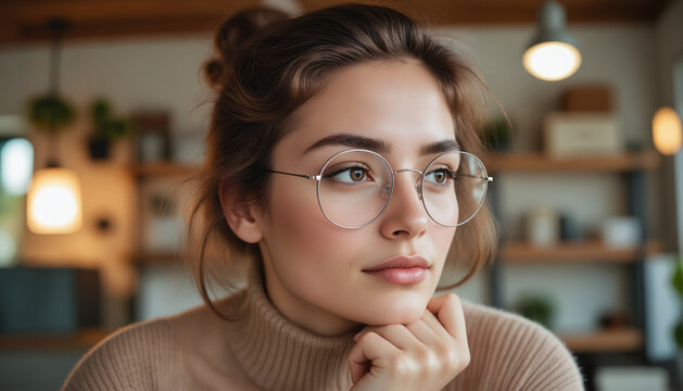 Thoughtful Young Woman in Glasses - Cozy Beige Sweater and Contemplative Expression for Lifestyle Blogs, Work From Home Concepts, and Modern Portrait Photography
