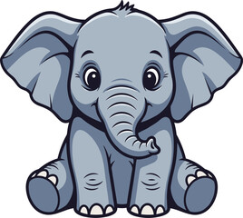 Cute baby elephant is sitting and smiling. Cartoon illustration, animal, mascot, adorable