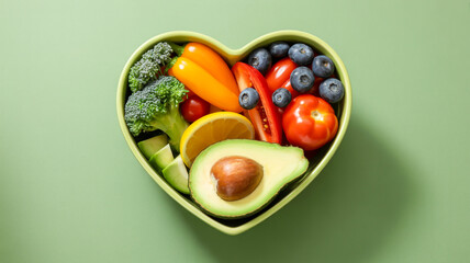 A vibrant illustration of fresh fruits and vegetables arranged in a circular pattern against a white background.