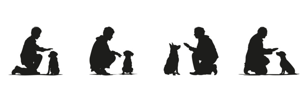 Dog Training Interaction Silhouette Set. Human And Pet Communication Symbol Collection. Animal Behavior And Training Use. Isolated Vector Illustration