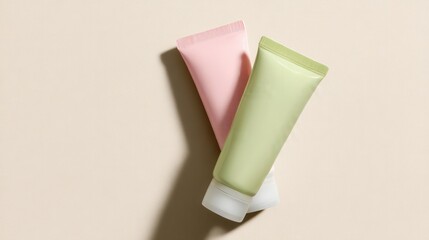 Two pastel-colored tubes of beauty cream, arranged elegantly, showcasing the product and highlighting its softness. The tubes look fresh, and clean. The colors are beautifully balanced and appealing.