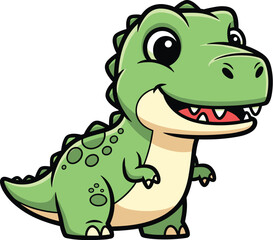 Cartoon dinosaur smiles brightly, showing its teeth. Illustration, cute, friendly, playful, happy