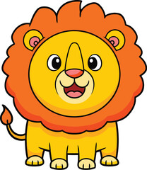 Cartoon lion stands smiling happily. Cute animal, mammal, cheerful character, wildlife mascot.