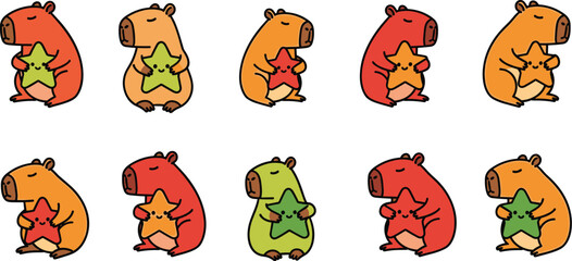 Capybaras hold stars in an adorable pattern. Cute cartoon, animal illustration, happy, whimsical, kawaii