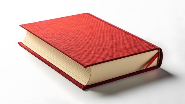 A closed red hardcover book with thick cream colored pages and a red ribbon bookmark isolated on white background