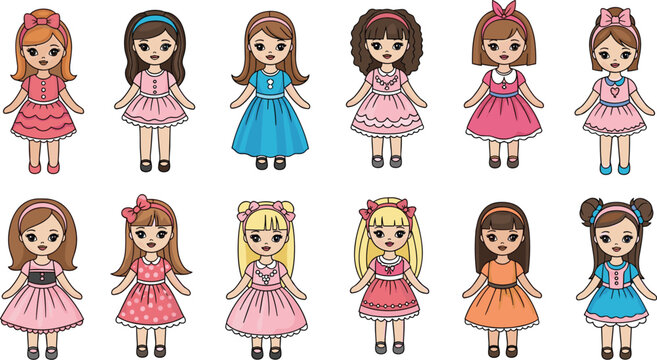 Cartoon dolls stand in a row. Cute girls in dresses, fashion dolls, kids play.