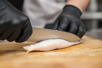 Fototapeta premium Chef wearing black gloves meticulously slicing a raw fish fillet on a wooden cutting board, emphasizing food preparation and hygiene.