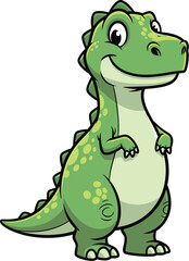 Cartoon dinosaur stands smiling gently. Cute reptile, friendly character, fantasy illustration, bright colors