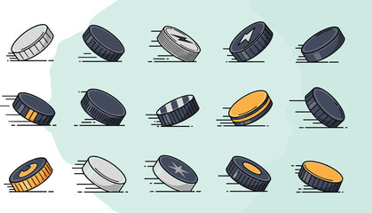 Flying hockey pucks in motion with speed lines. Sports equipment, competition, ice hockey, game